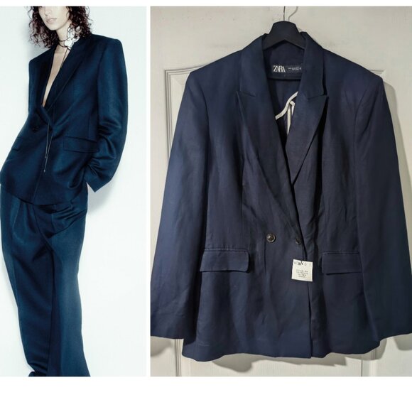 Zara | fitted double breasted Navy Linen Blend Blazer - Picture 1 of 16